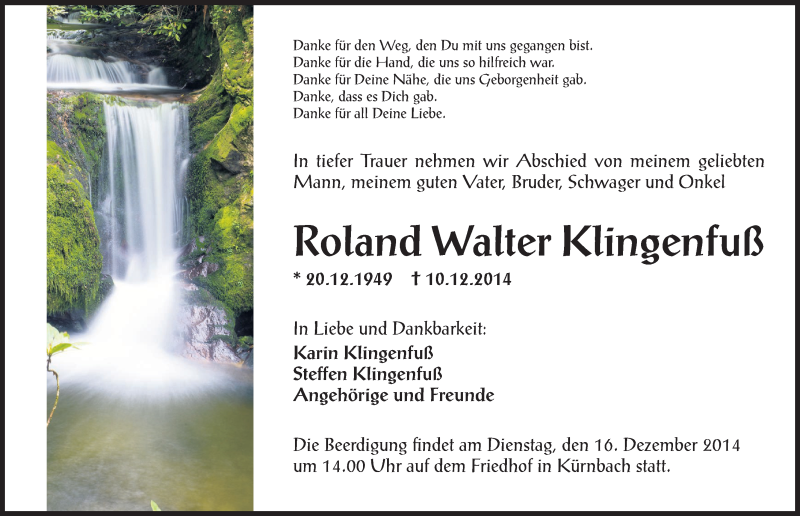  Traueranzeige für Roland Walter Klingenfuß vom 12.12.2014 aus 