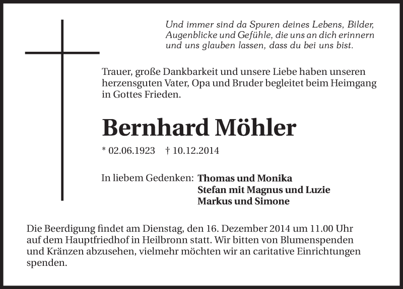  Traueranzeige für Bernhard Möhler vom 12.12.2014 aus 