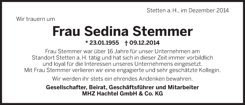  Traueranzeige für Sedina Stemmer vom 13.12.2014 aus 