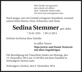Traueranzeige von Sedina Stemmer 