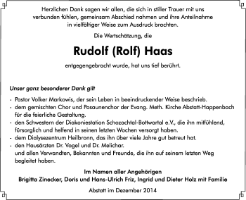 Traueranzeige von Rudolf Haas 