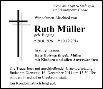 Traueranzeige von Ruth Müller 