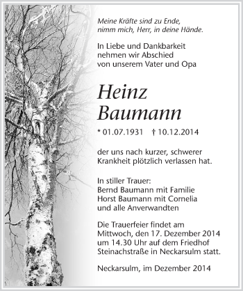 Traueranzeige von Heinz Baumann 