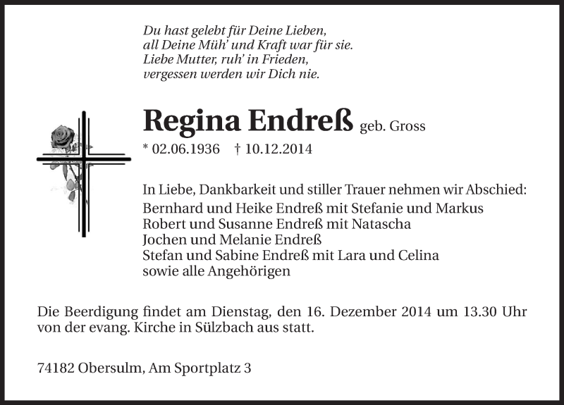  Traueranzeige für Regina Endreß vom 13.12.2014 aus 