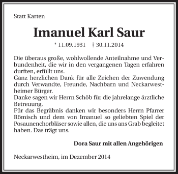 Traueranzeige von Imanuel Karl Saur 
