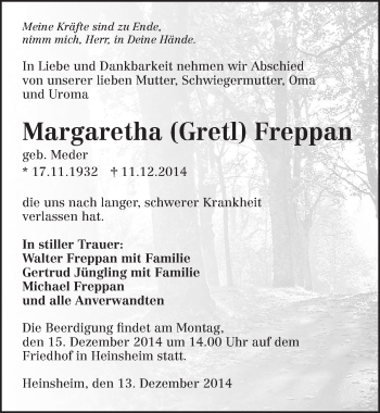 Traueranzeige von Margaretha Freppan 