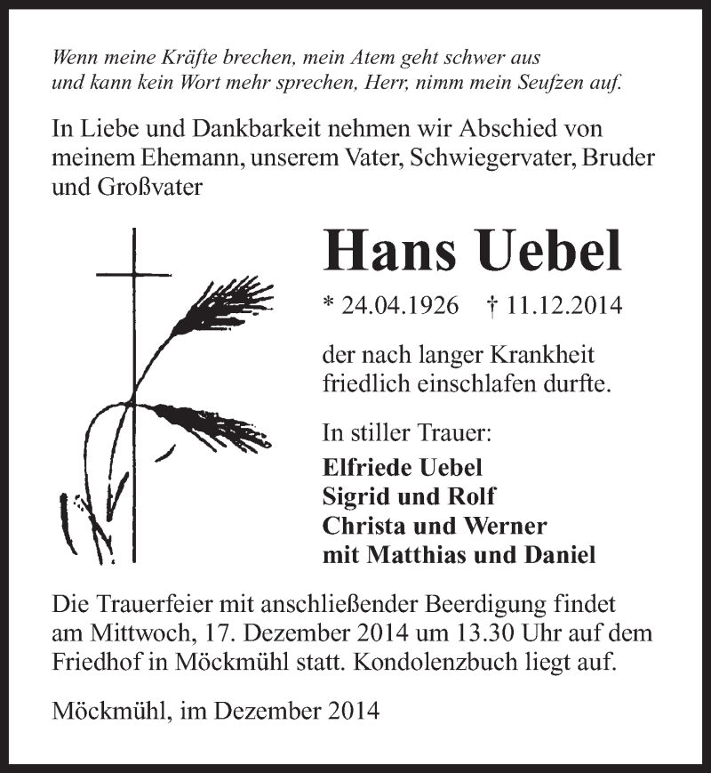  Traueranzeige für Hans Uebel vom 13.12.2014 aus 