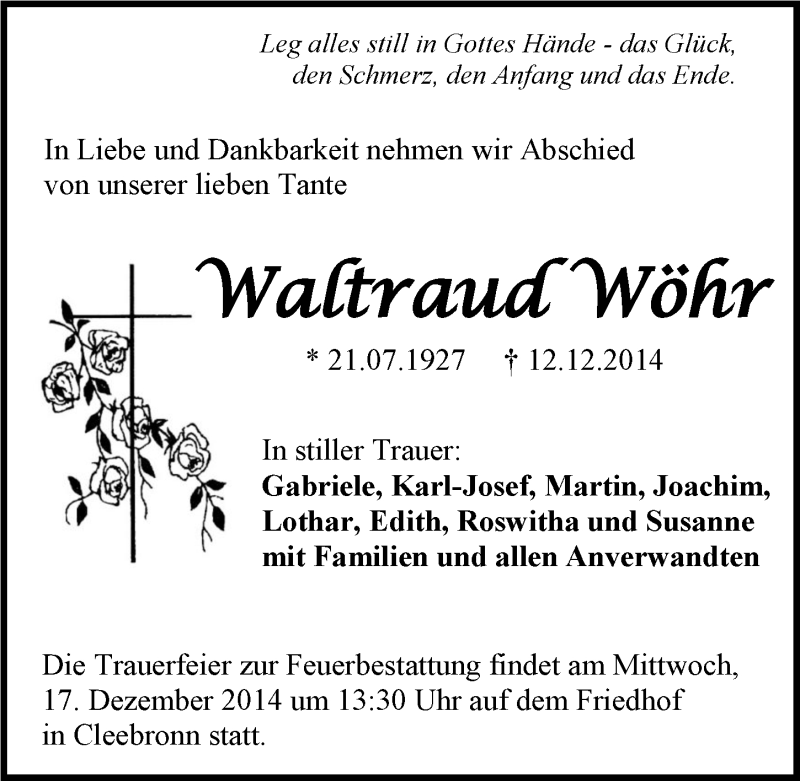  Traueranzeige für Waltraud Wöhr vom 13.12.2014 aus 