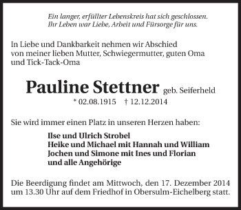 Traueranzeige von Pauline Stettner 