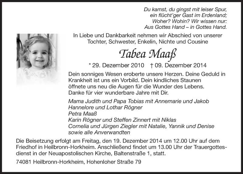  Traueranzeige für Tabea Maaß vom 13.12.2014 aus 