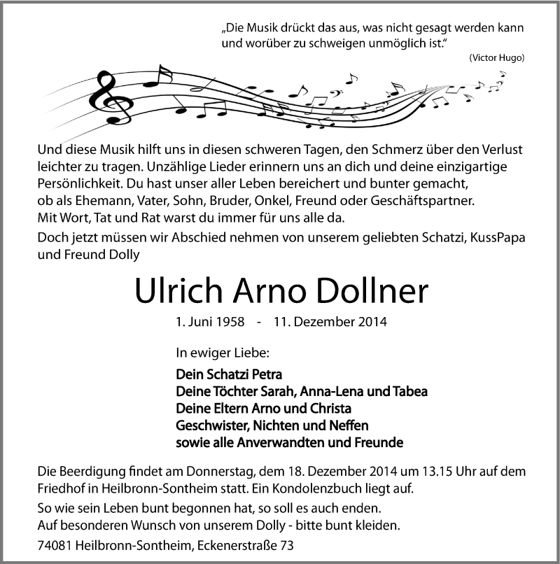  Traueranzeige für Ulrich Arno Dollner vom 13.12.2014 aus 