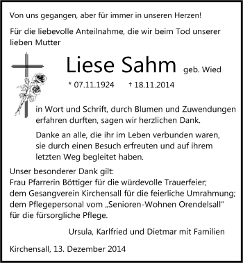 Traueranzeige von Liese Sahm 
