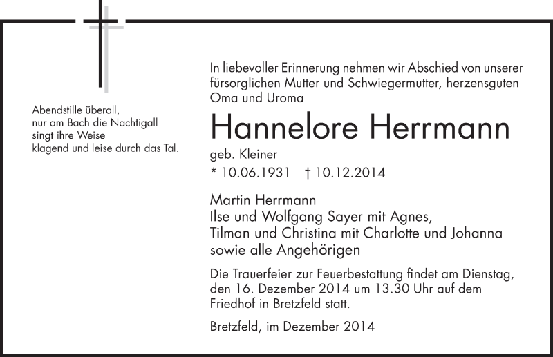  Traueranzeige für Hannelore Herrmann vom 13.12.2014 aus 
