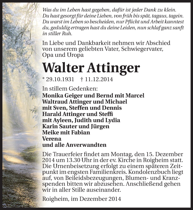  Traueranzeige für Walter Attinger vom 13.12.2014 aus 