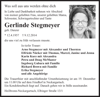 Traueranzeige von Gerlinde Stegmeyer 
