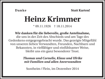 Traueranzeige von Heinz Krimmer 