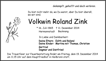 Traueranzeige von Volkwin Roland Zink 