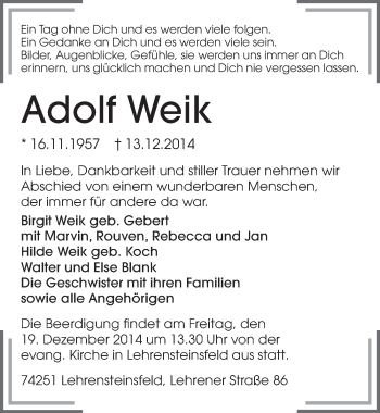 Traueranzeige von Adolf Weik 