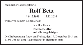 Traueranzeige von Rolf Betz 