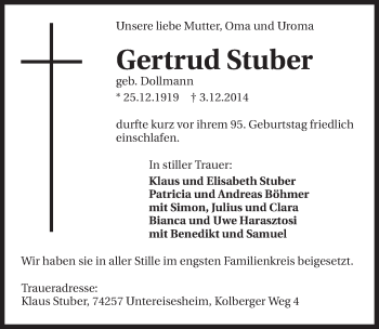 Traueranzeige von Gertrud Stuber 