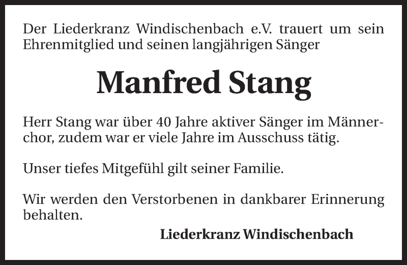  Traueranzeige für Manfred Stang vom 16.12.2014 aus 