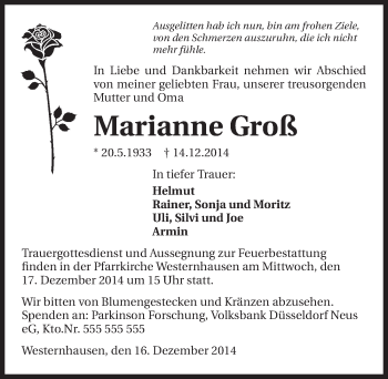 Traueranzeige von Marianne Groß 