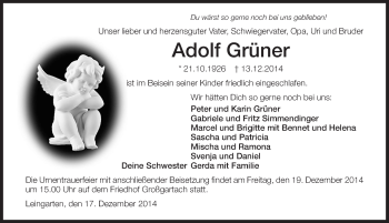 Traueranzeige von Adolf Grüner 