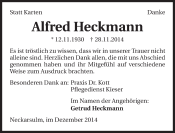 Traueranzeige von Alfred Heckmann 