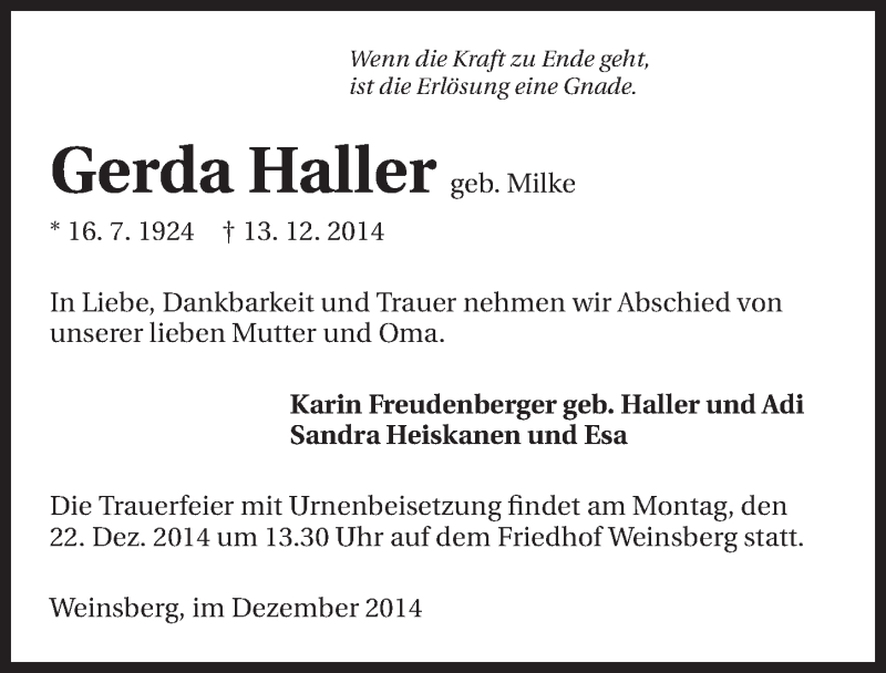  Traueranzeige für Gerda Haller vom 17.12.2014 aus 