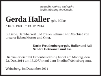Traueranzeige von Gerda Haller 