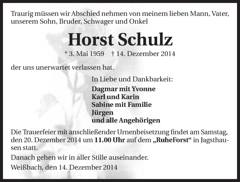 Traueranzeige für Horst Schulz vom 17.12.2014 aus 