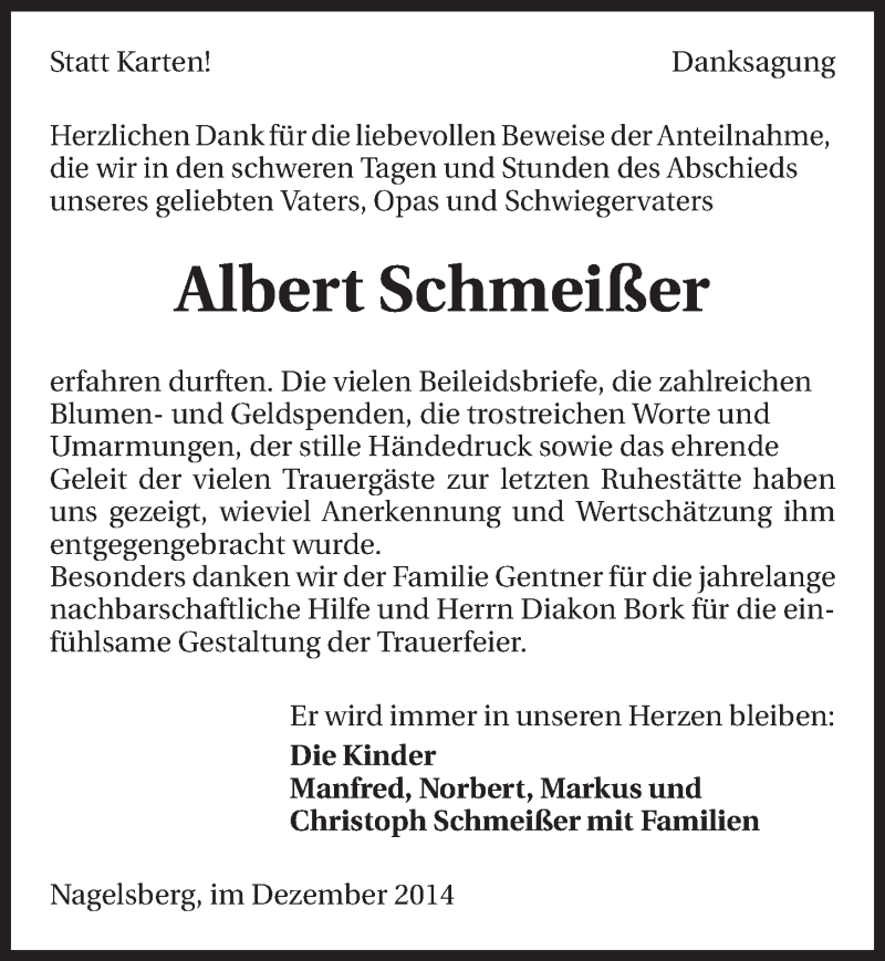  Traueranzeige für Albert Schmeißer vom 18.12.2014 aus 