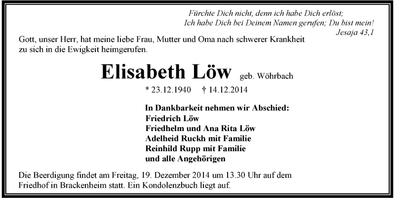  Traueranzeige für Elisabeth Löw vom 16.12.2014 aus 