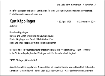 Traueranzeige von Kurt Käpplinger 