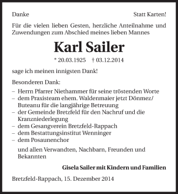 Traueranzeige von Karl Sailer 