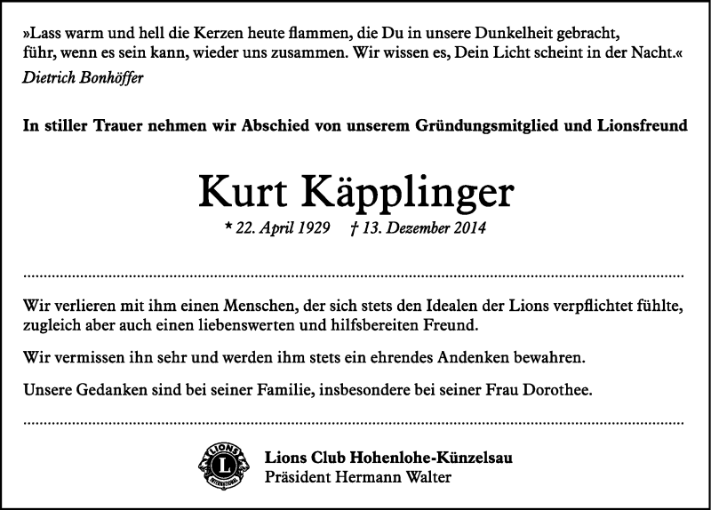  Traueranzeige für Kurt Käpplinger vom 17.12.2014 aus 