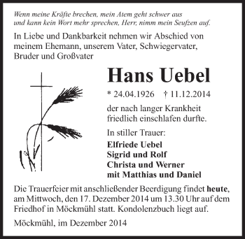 Traueranzeige von Hans Uebel 