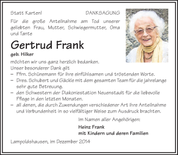 Traueranzeige von Gertrud Frank 