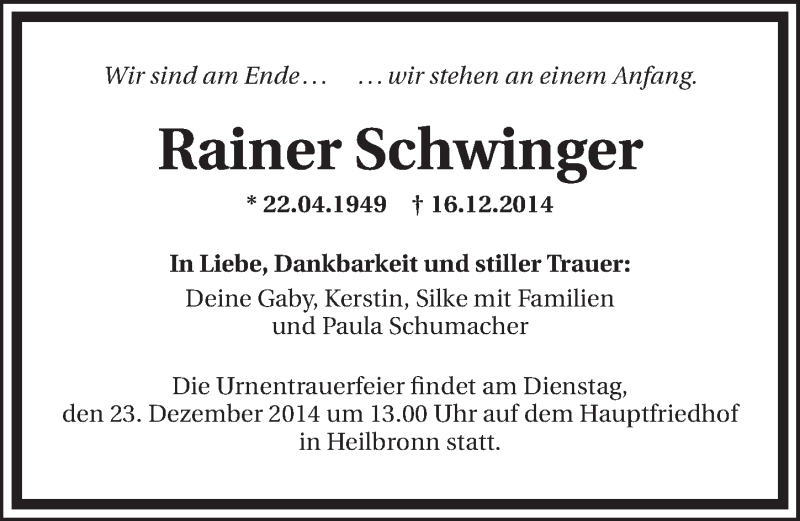  Traueranzeige für Rainer Schwinger vom 18.12.2014 aus 