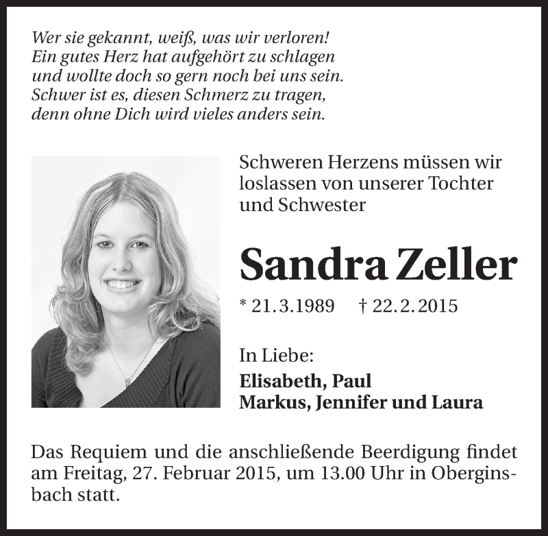  Traueranzeige für Sandra Zeller vom 25.02.2015 aus 