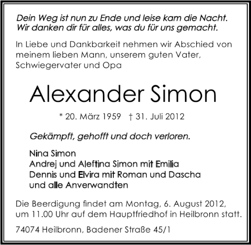  Traueranzeige für Alexander Simon vom 02.08.2012 aus 