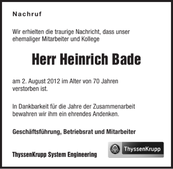 Traueranzeige von Heinrich Bade 
