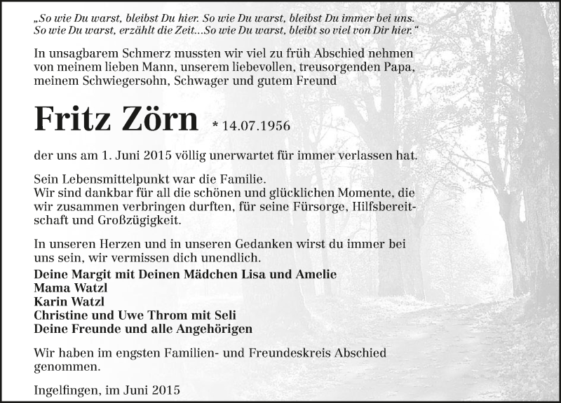  Traueranzeige für Fritz Zörn vom 13.06.2015 aus 
