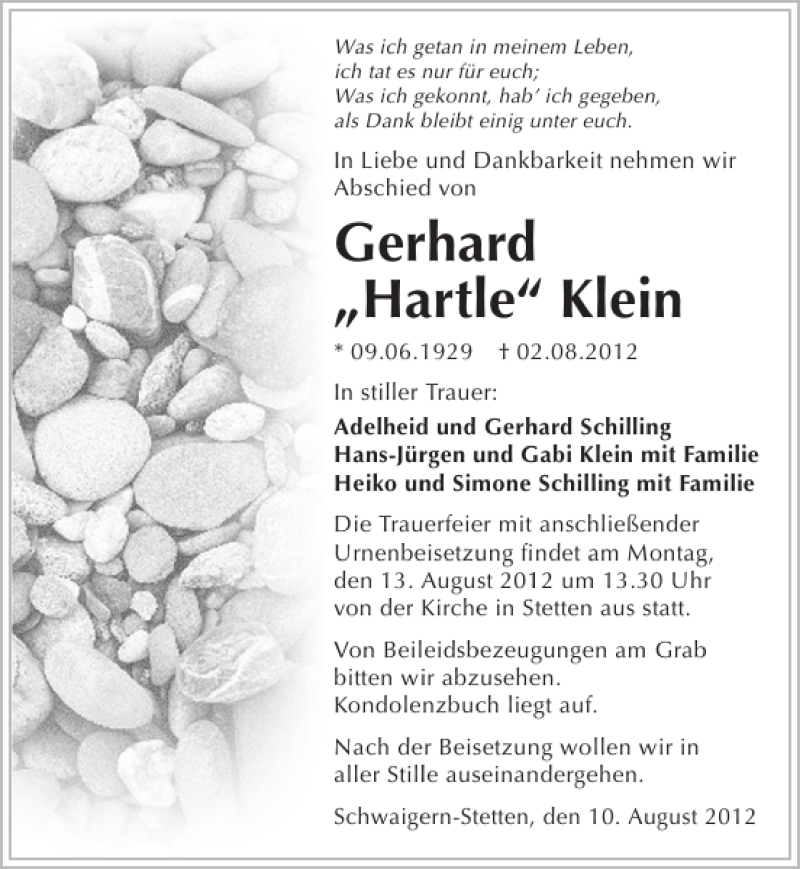 Traueranzeige für Gerhard Hartle Klein vom 10.08.2012 aus 