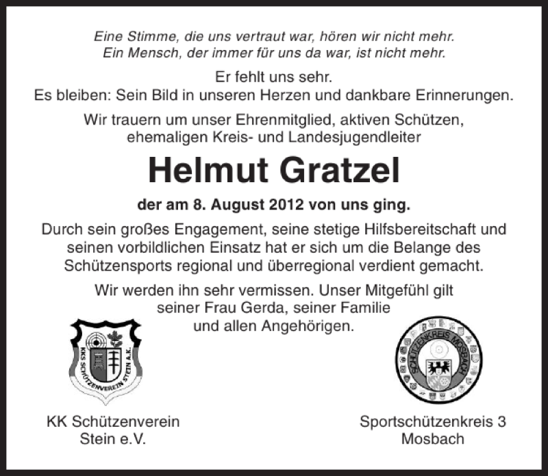  Traueranzeige für Helmut Gratzel vom 10.08.2012 aus 