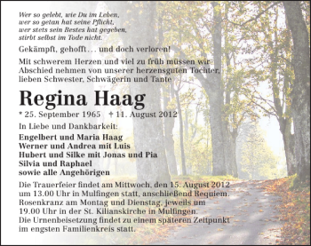 Traueranzeige von Regina Haag 