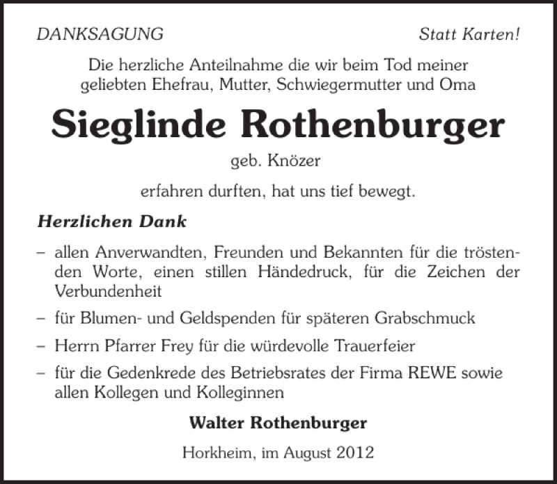  Traueranzeige für Sieglinde Rothenburger vom 14.08.2012 aus 