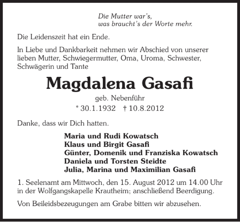  Traueranzeige für Magdalena Gasafi vom 14.08.2012 aus 