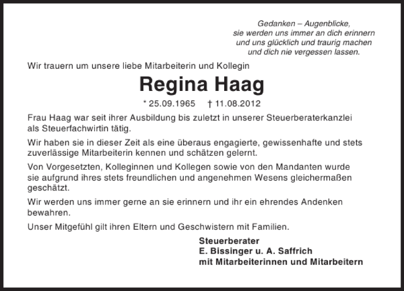  Traueranzeige für Regina Haag vom 14.08.2012 aus 