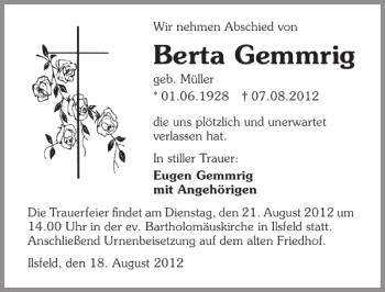 Traueranzeige von Berta Gemmrig 